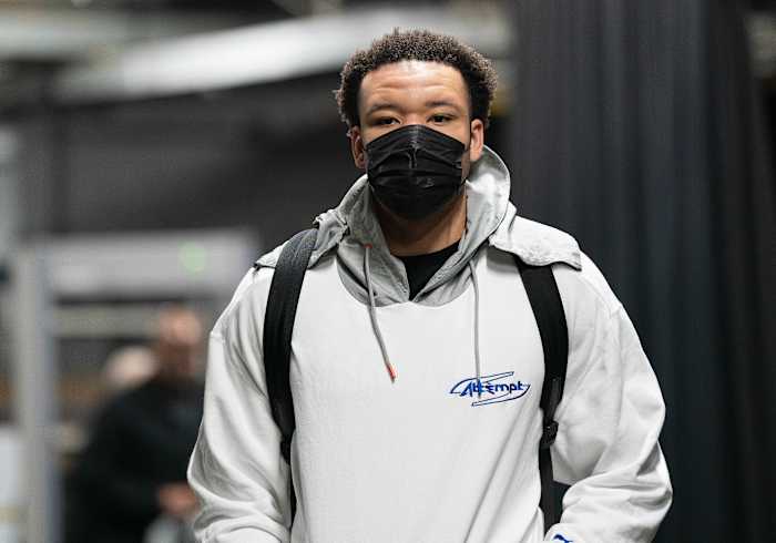 Atlanta Hawks forward Kevin Knox II (5) arrives against the Toronto Raptors at Scotiabank Arena. Knox left Atlanta for the Detroit Pistons in free agency.